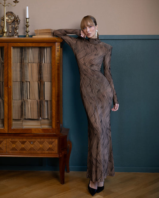 Lorena Beige Sheer High-Neck Patterned Maxi Dress
