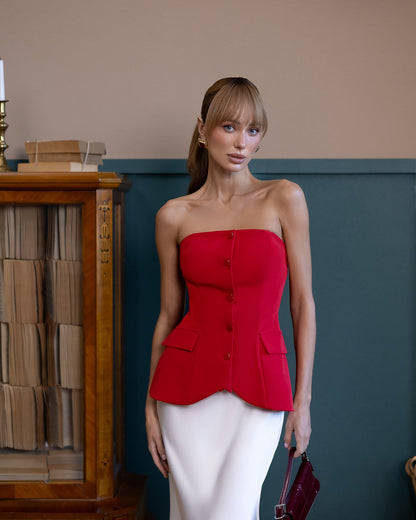 Inès Red Strapless Button-Front Peplum Top
