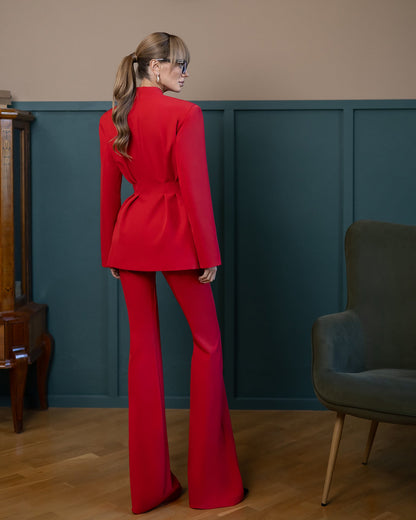 Serena Red Single-Breasted Sculpted-Waist Suit 2-Piece