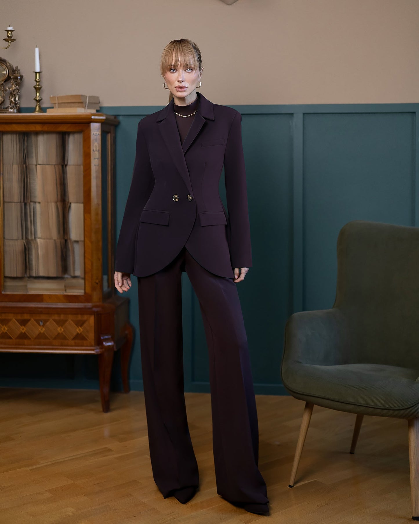 Liora Brown Double-Breasted Curved-Hem Suit 2-Piece