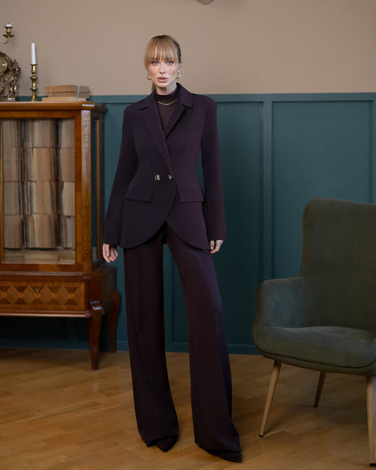 Liora Brown Double-Breasted Curved-Hem Suit 2-Piece