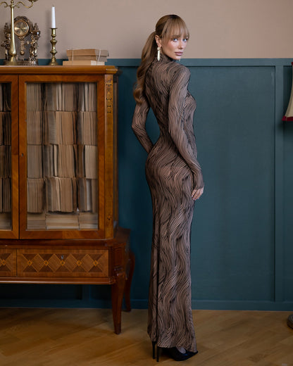 Lorena Beige Sheer High-Neck Patterned Maxi Dress