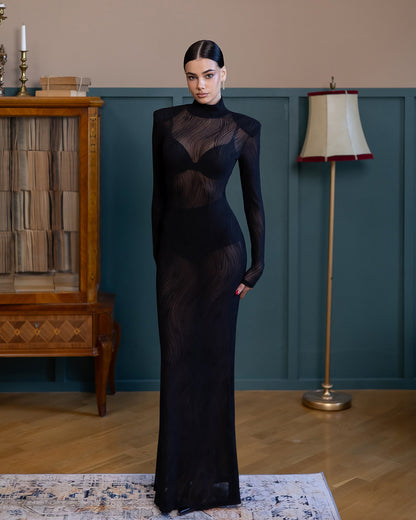 Lorena Black Sheer High-Neck Patterned Maxi Dress