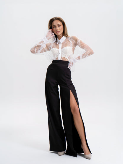 Liora White Sheer Organza Polka-Dot Blouse
