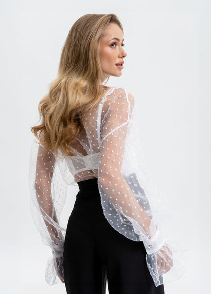 Liora White Sheer Organza Polka-Dot Blouse