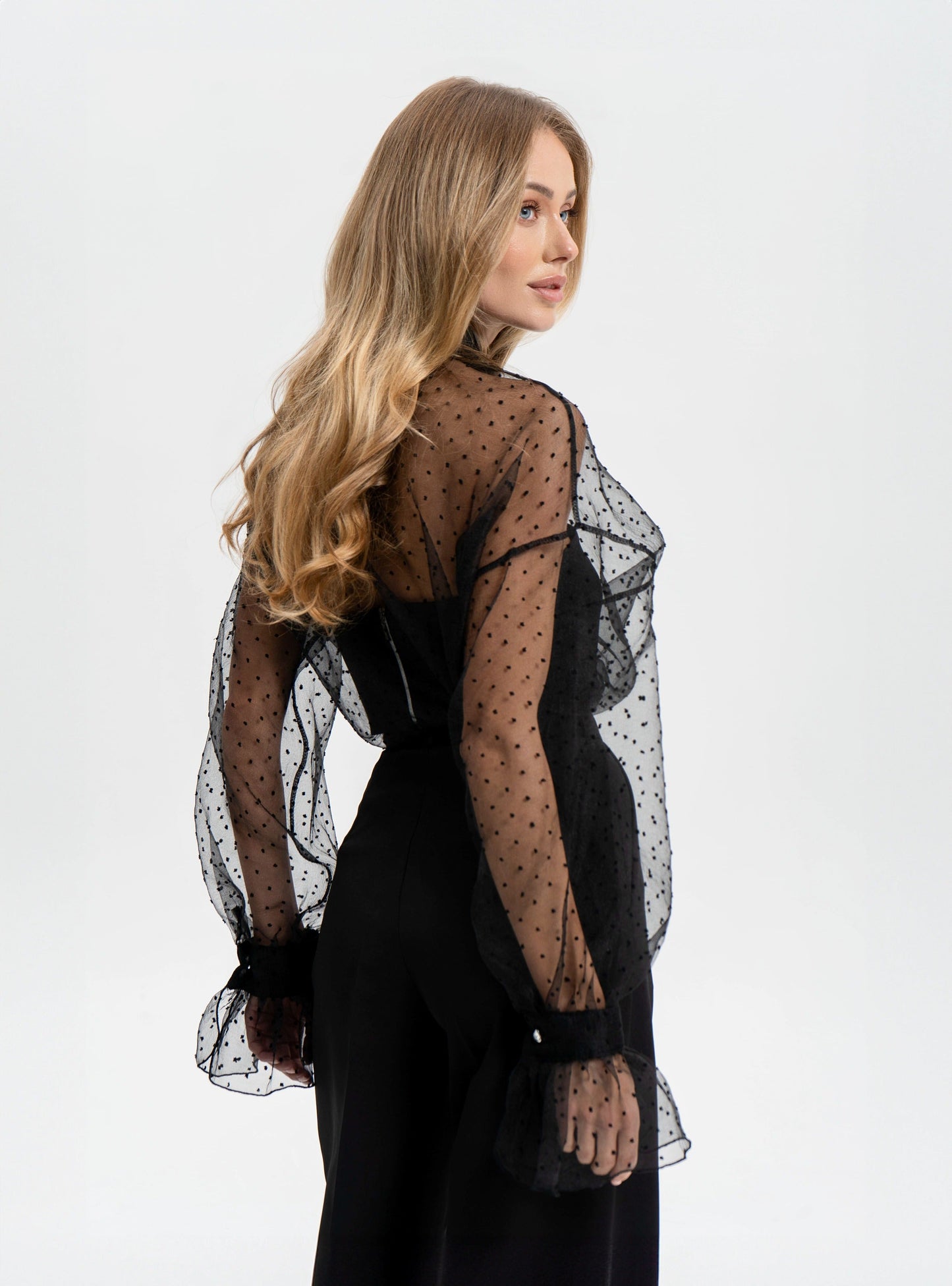Liora Black Sheer Organza Polka-Dot Blouse