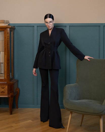 Serena Black Single-Breasted Sculpted-Waist Suit 2-Piece