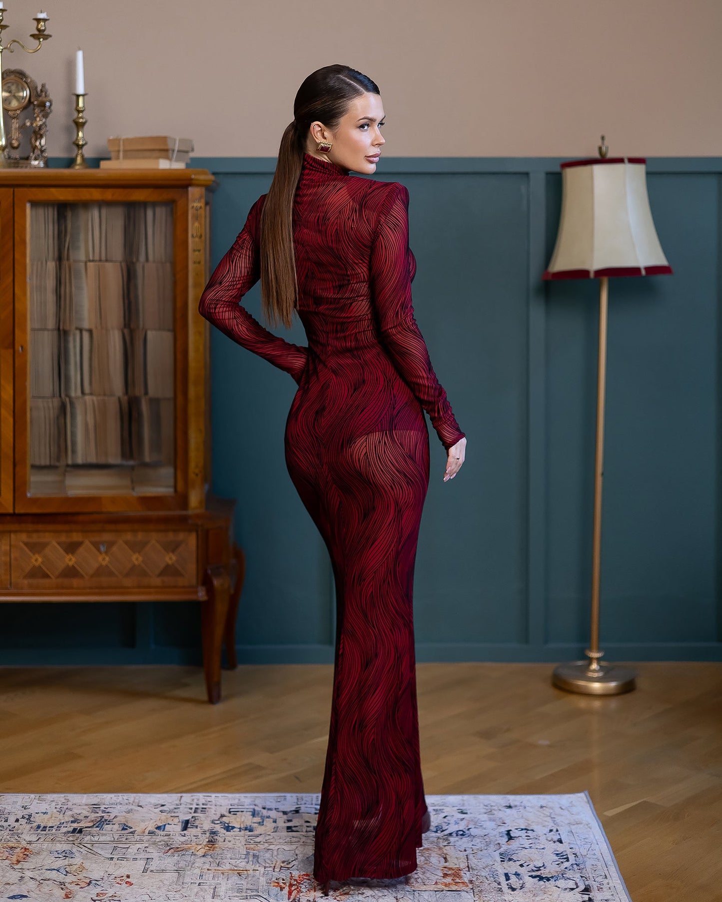 Lorena Red Sheer High-Neck Patterned Maxi Dress