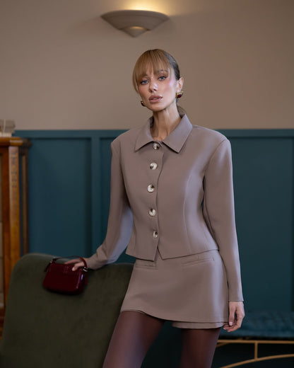 Elara Mocco Cropped Button-Up Jacket & Mini Skirt Suit 2-Piece