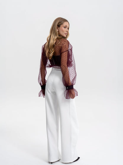 Liora Bordeaux Sheer Organza Polka-Dot Blouse