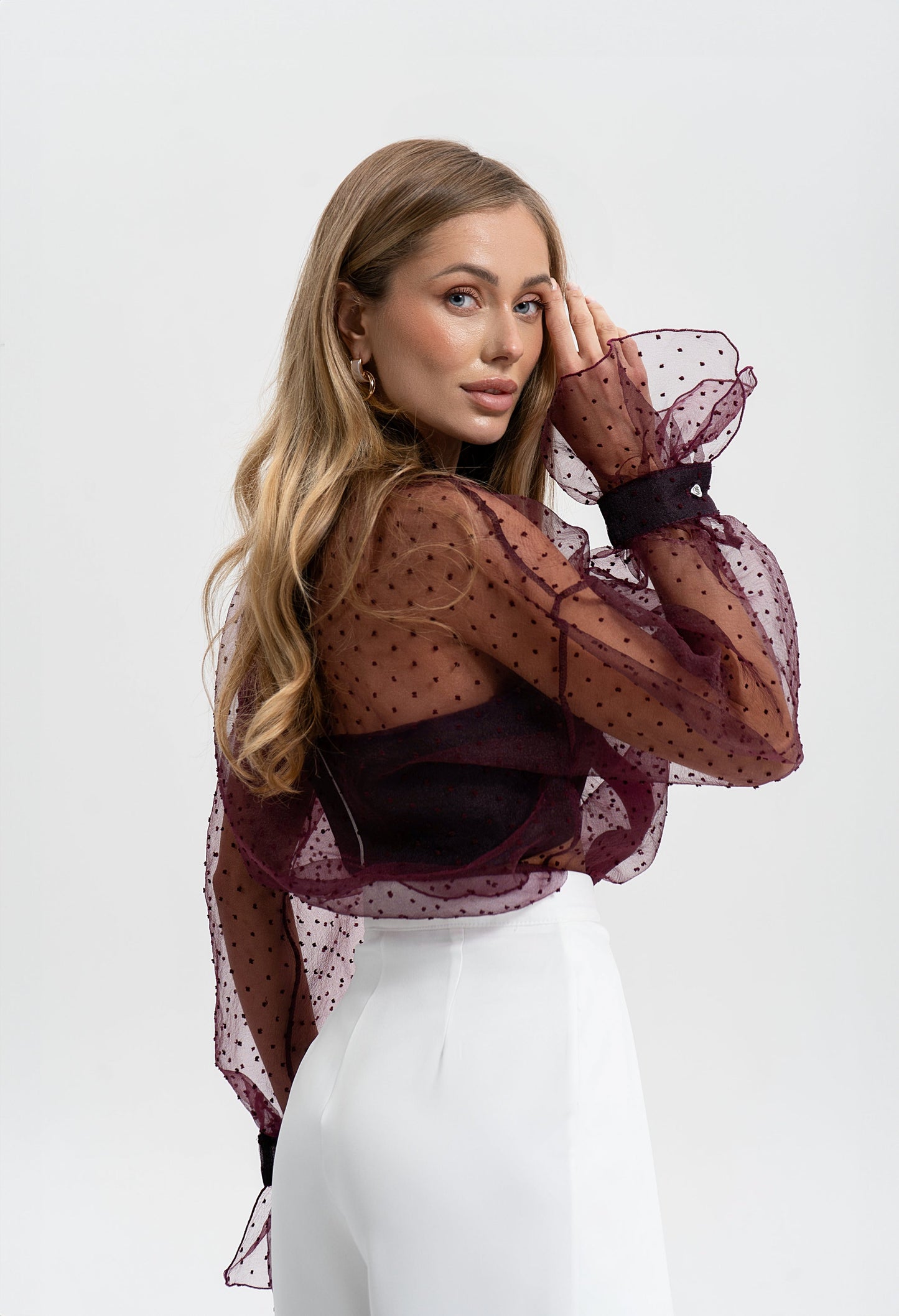 Liora Bordeaux Sheer Organza Polka-Dot Blouse