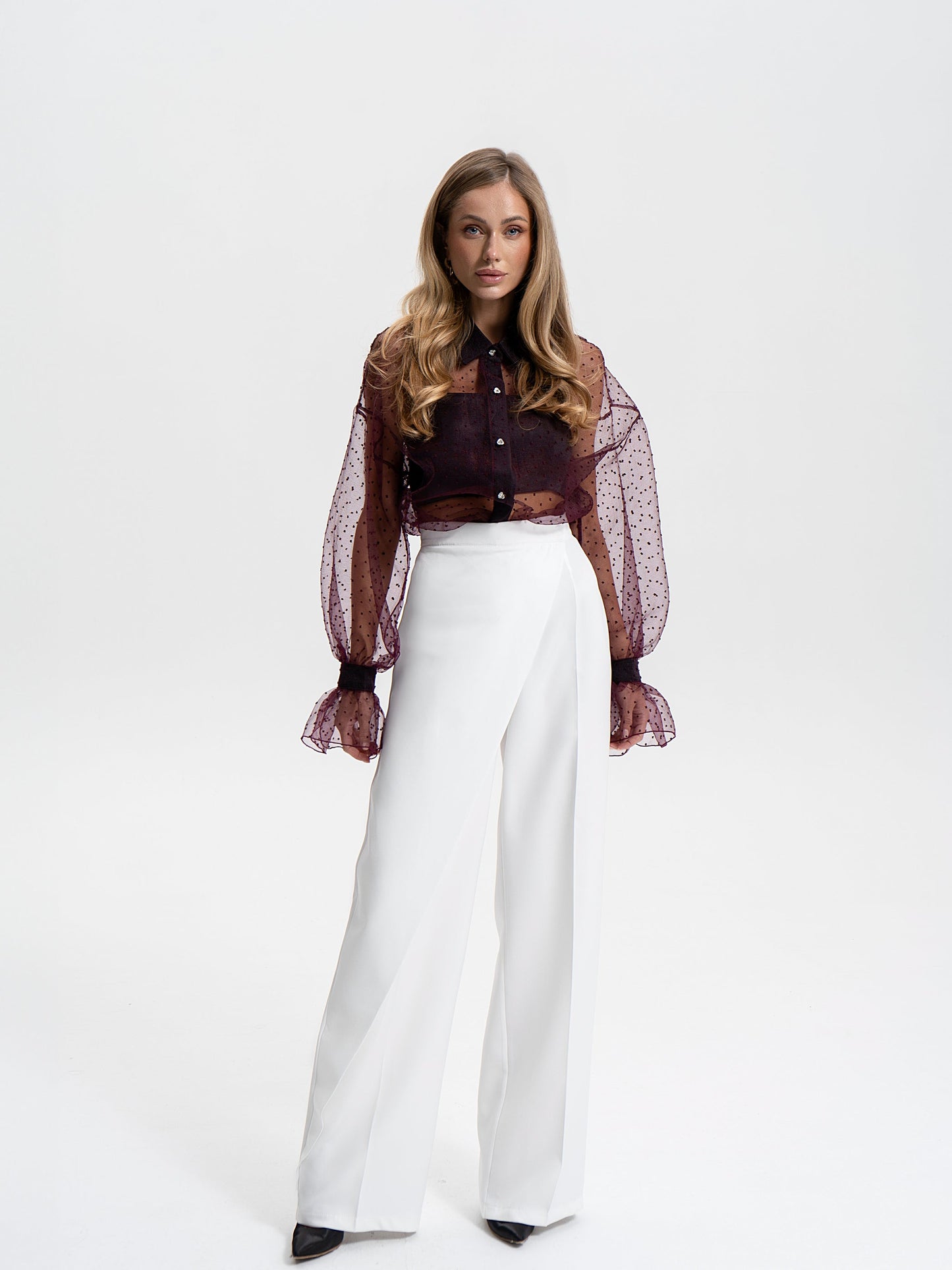 Liora Bordeaux Sheer Organza Polka-Dot Blouse
