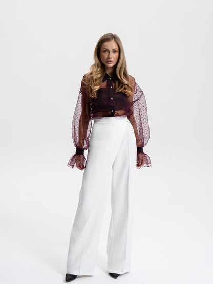 Liora Bordeaux Sheer Organza Polka-Dot Blouse