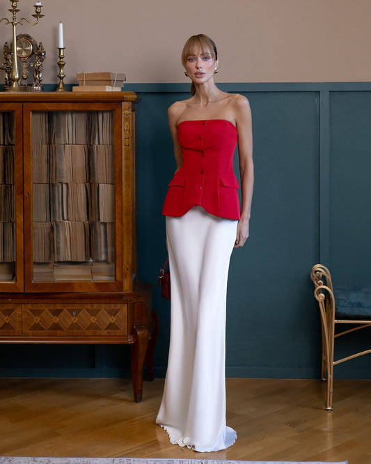 Inès Red Strapless Button-Front Peplum Top