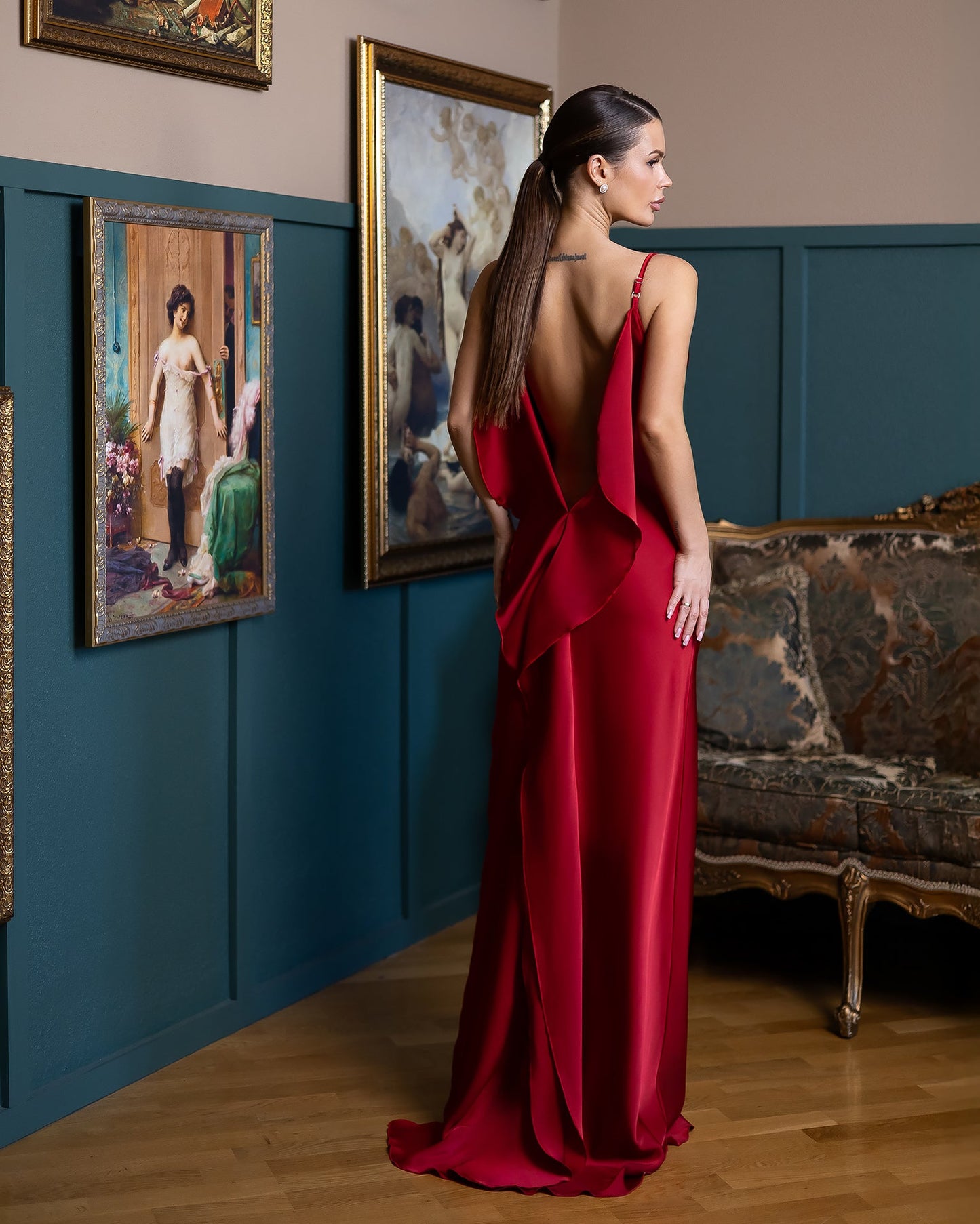 Red Satin Cowl-Neck Backless Slip Maxi Dress