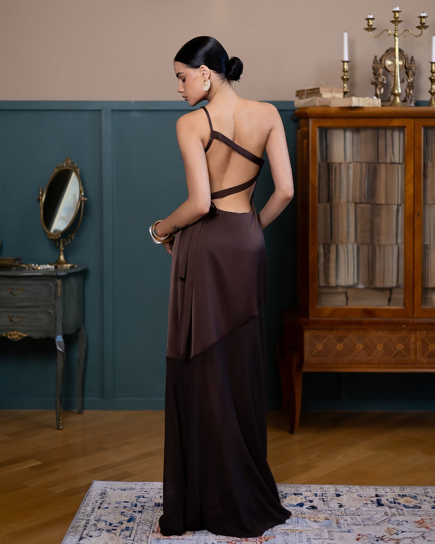 Liora Brown Satin One-Shoulder Backless Maxi Dress