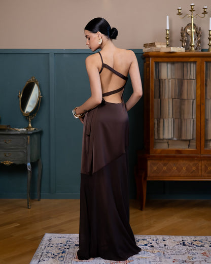 Liora Brown Satin One-Shoulder Backless Maxi Dress