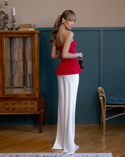 Inès Red Strapless Button-Front Peplum Top