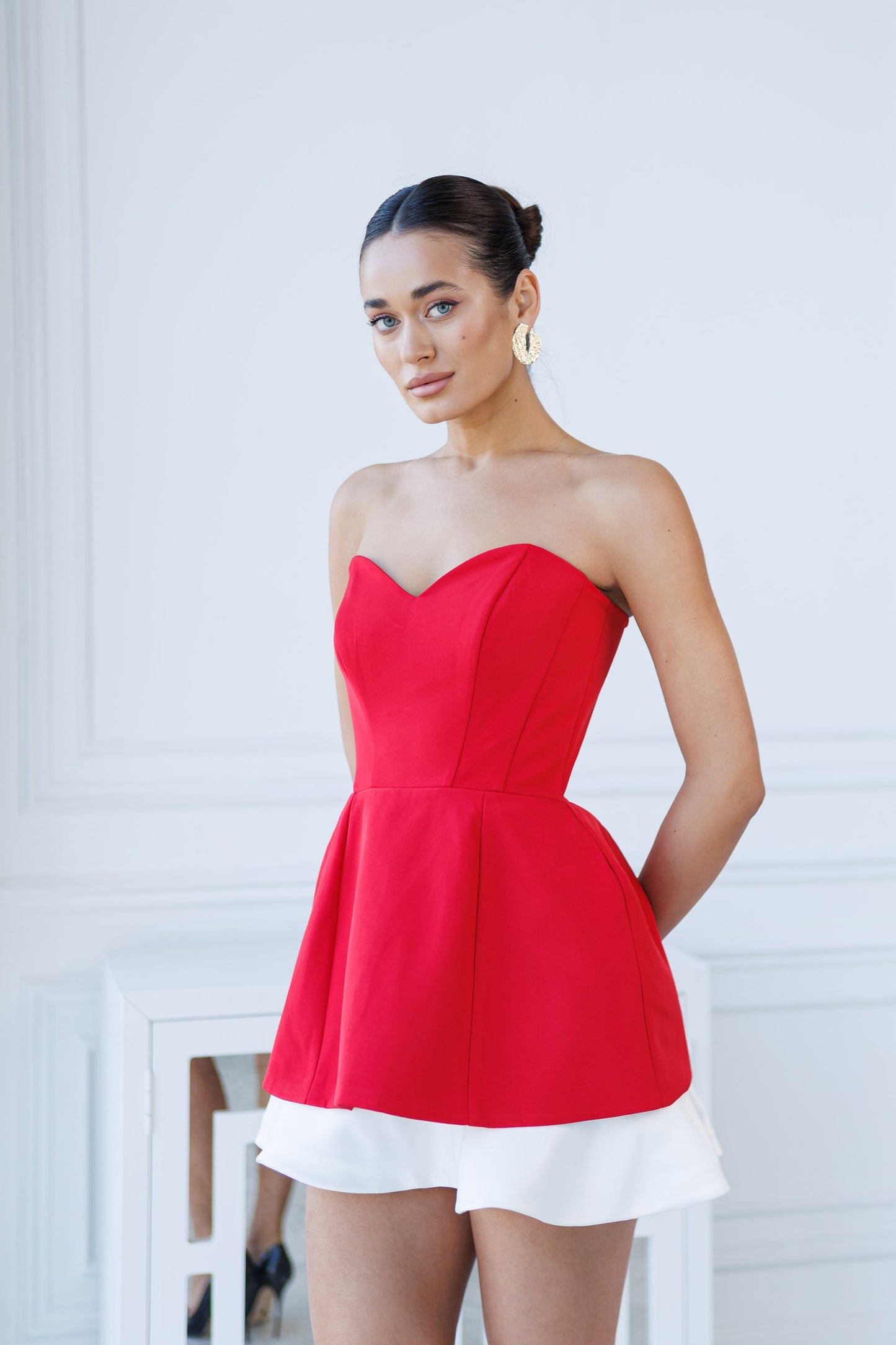 Red Sweetheart Strapless White Hem Mini Dress