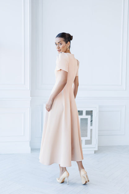 Alexa Beige Round Neck Puff-Sleeve Midi Dress