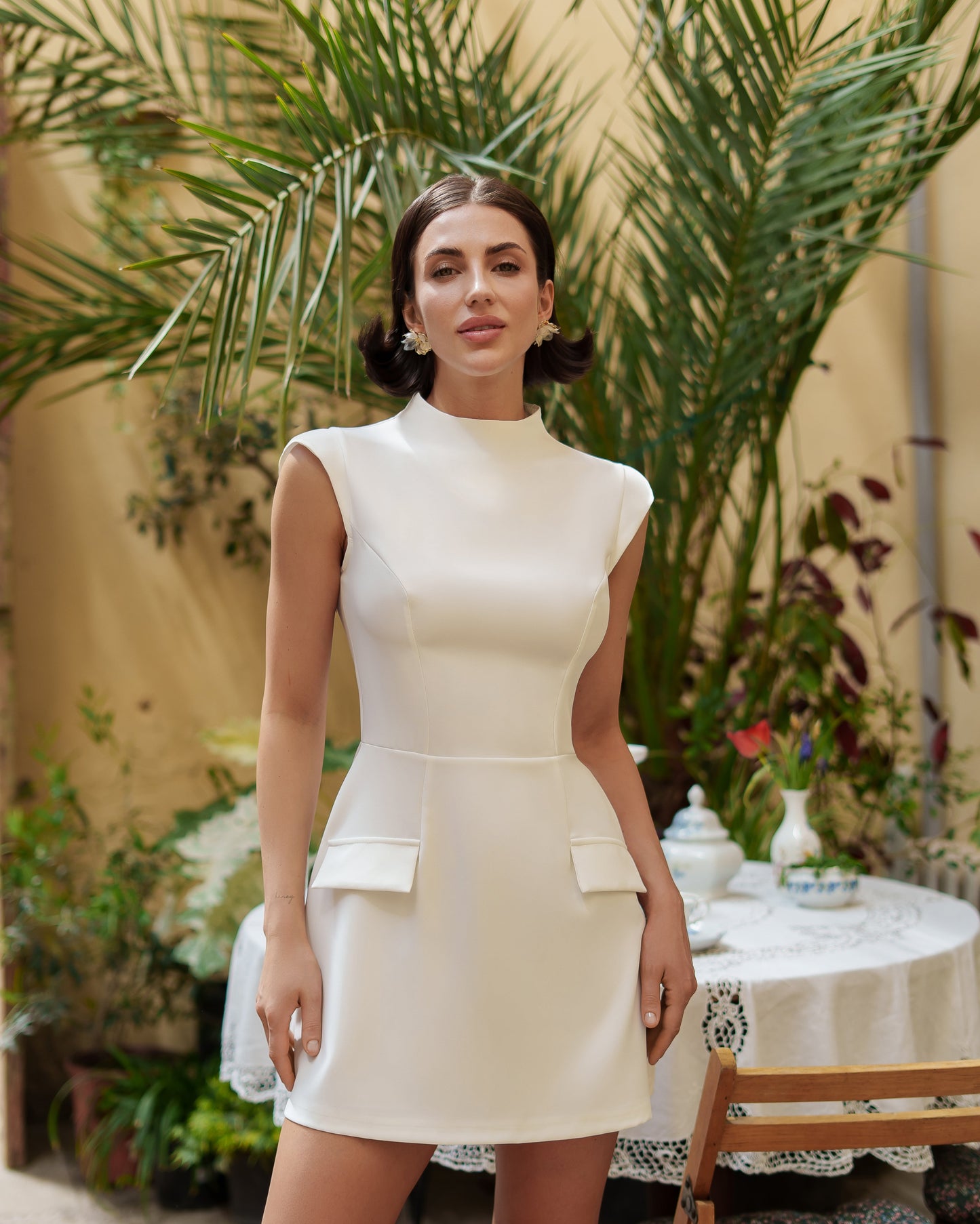 Aurora White High-Neck Pocket Detail Mini Dress