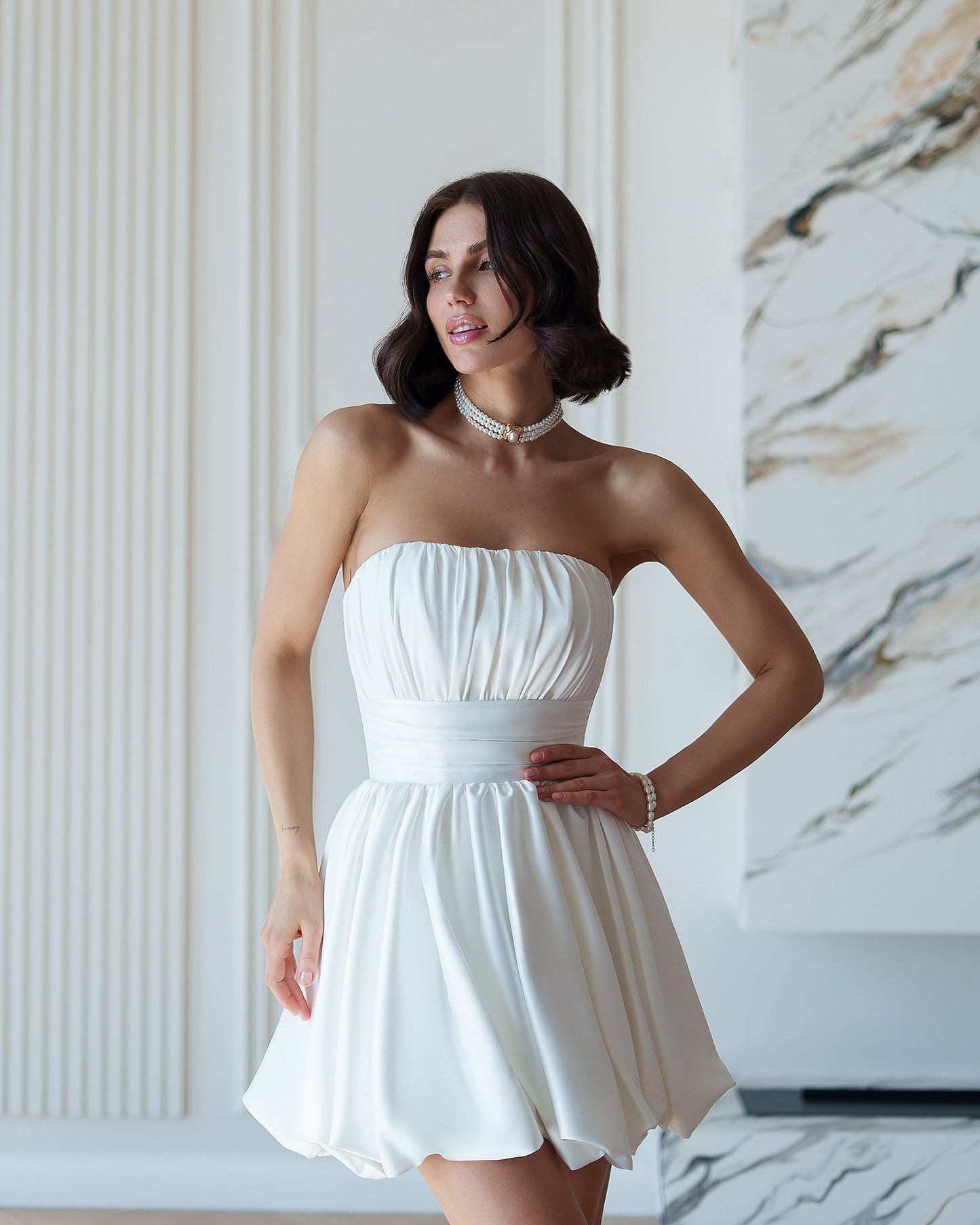 Monica White Satin Strapless Mini Dress