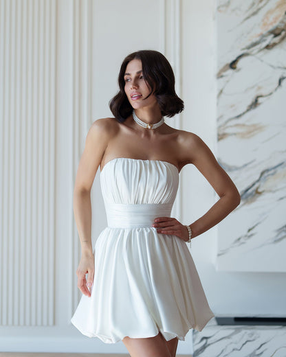 Monica White Satin Strapless Mini Dress