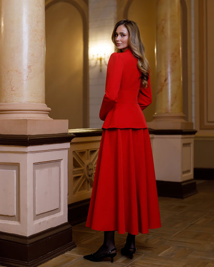 Stella Red Collarless Jacket Midi Skirt Suit 2-Piece