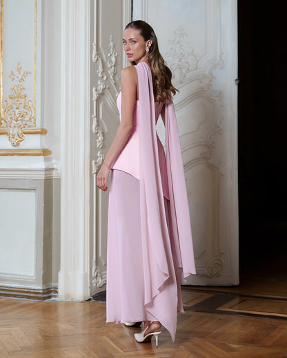 Dusty-Pink Strapless Back Scarf Overskirt Maxi Dress