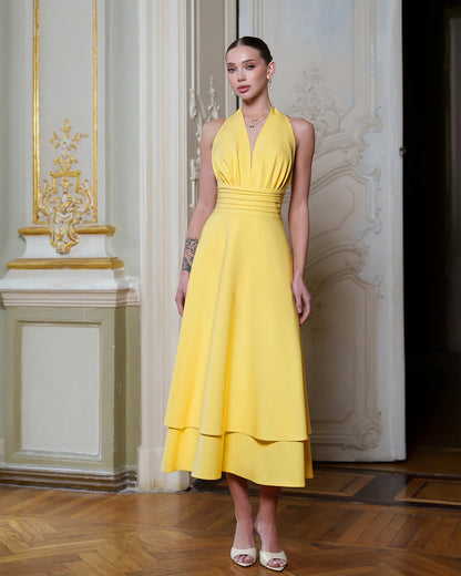 Gloria Yellow Open-Back Halter-Neck Midi Dress