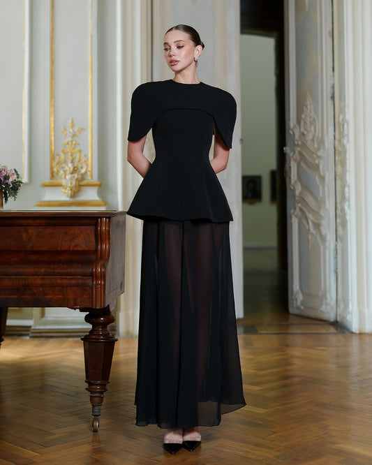 Black Cape-Detail Peplum Chiffon Skirt Maxi Dress
