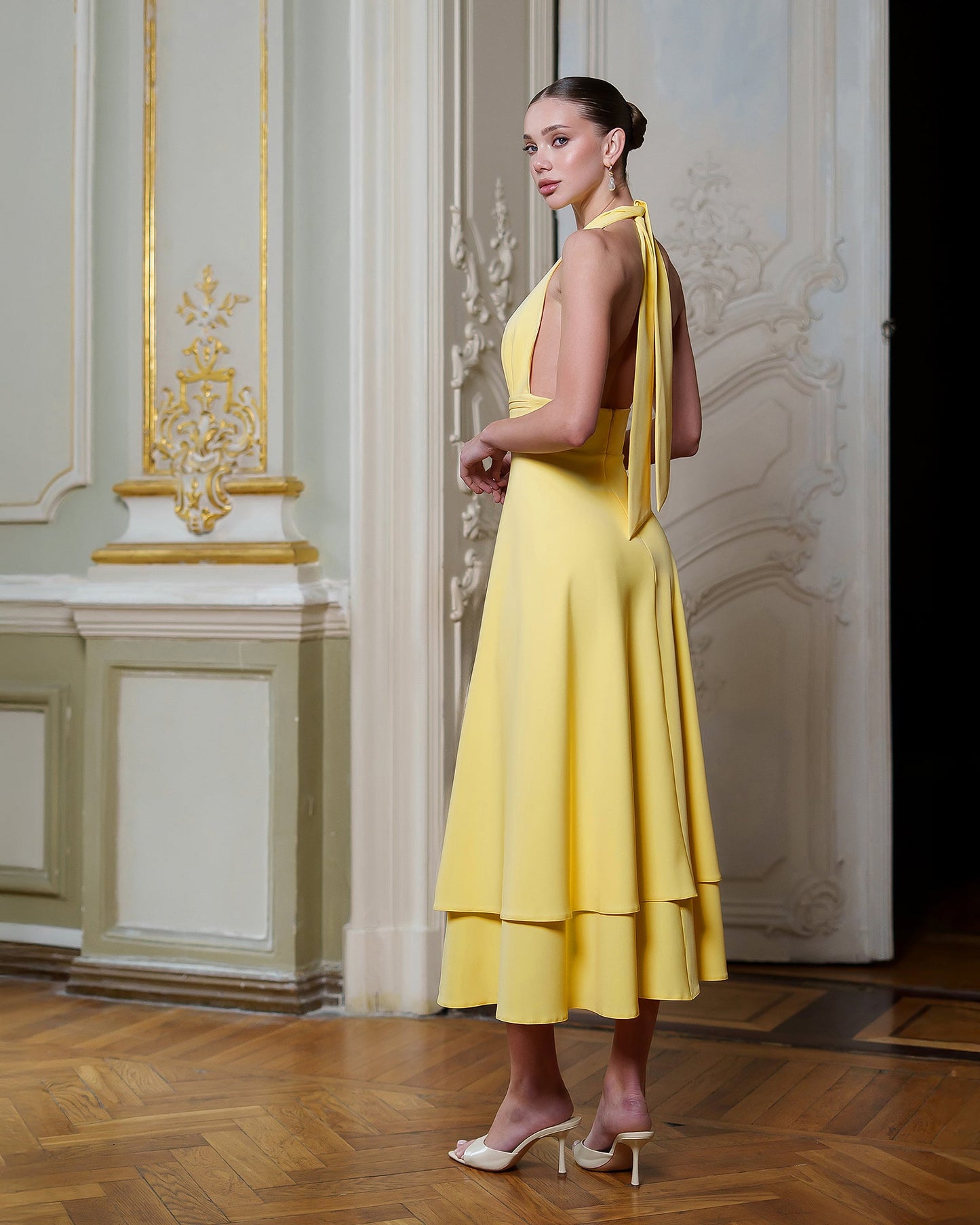 Gloria Yellow Open-Back Halter-Neck Midi Dress