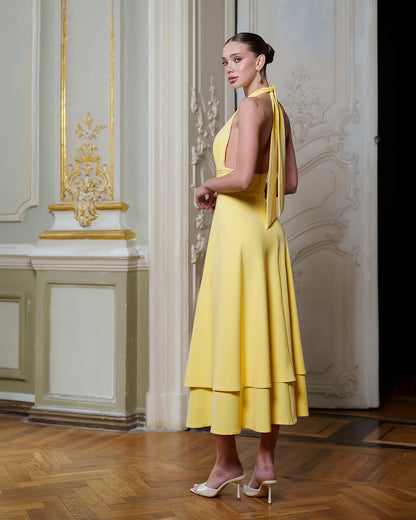 Gloria Yellow Open-Back Halter-Neck Midi Dress