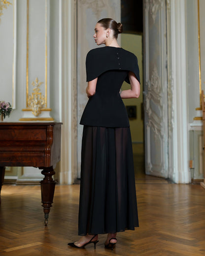 Black Cape-Detail Peplum Chiffon Skirt Maxi Dress