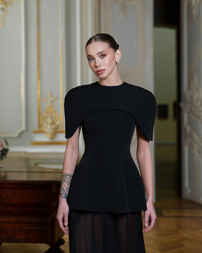 Black Cape-Detail Peplum Chiffon Skirt Maxi Dress