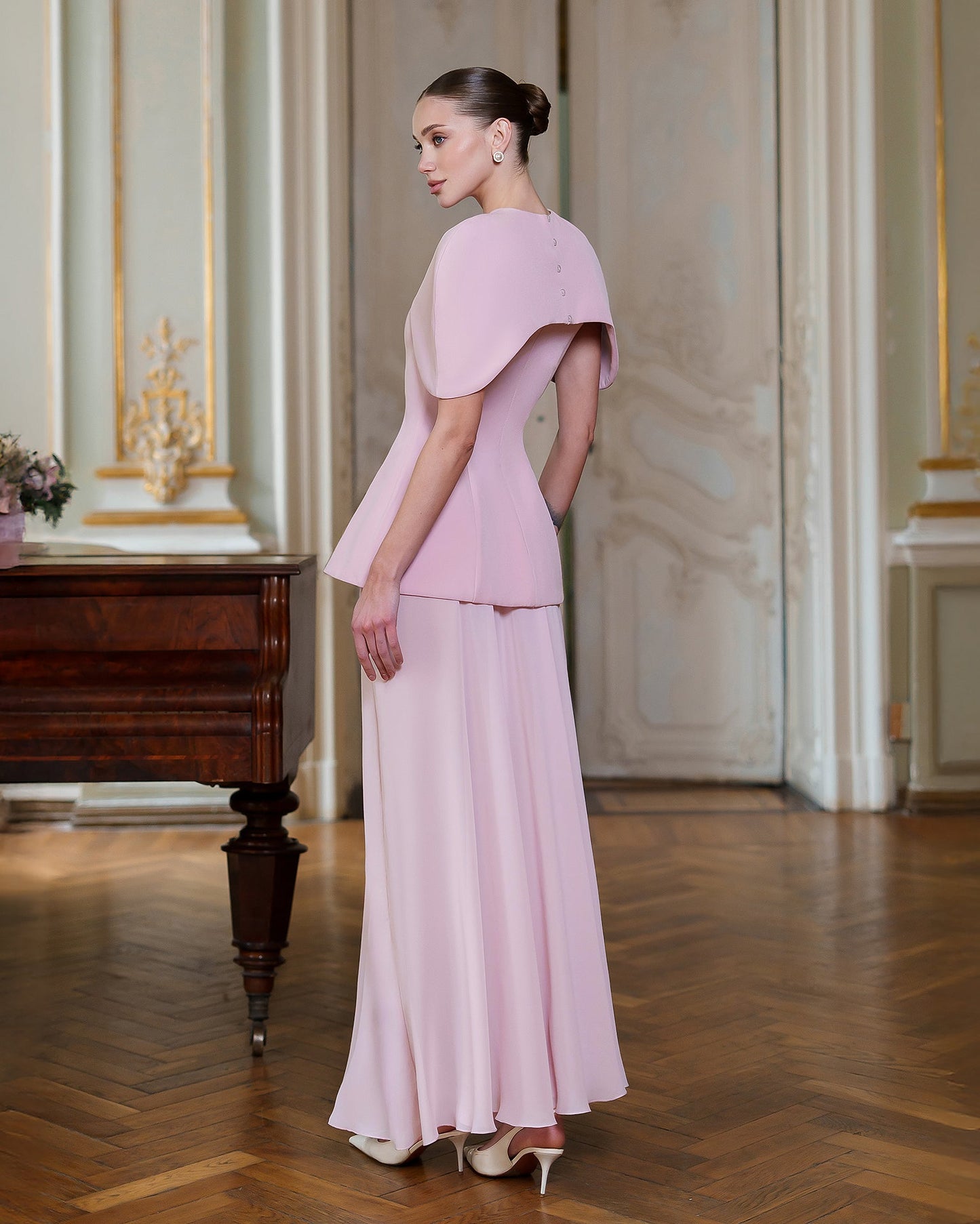 Pink Cape-Detail Peplum Chiffon Skirt Maxi Dress