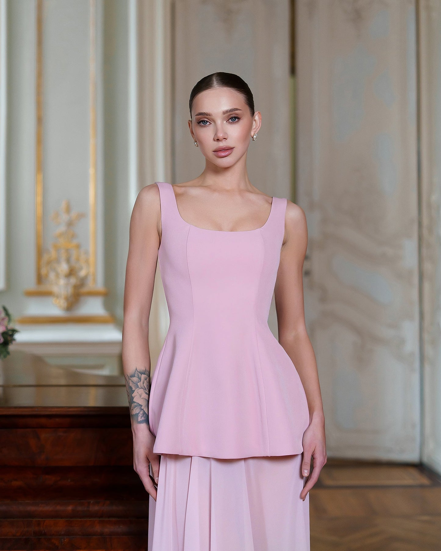 Pink Cape-Detail Peplum Chiffon Skirt Maxi Dress