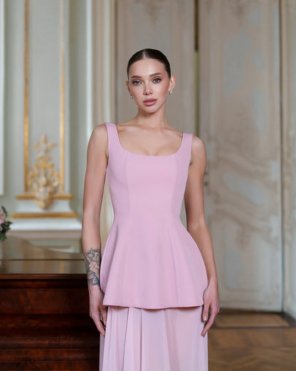 Pink Cape-Detail Peplum Chiffon Skirt Maxi Dress