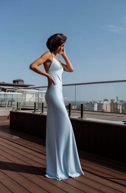 Sky-Blue Satin Slip Maxi Dress
