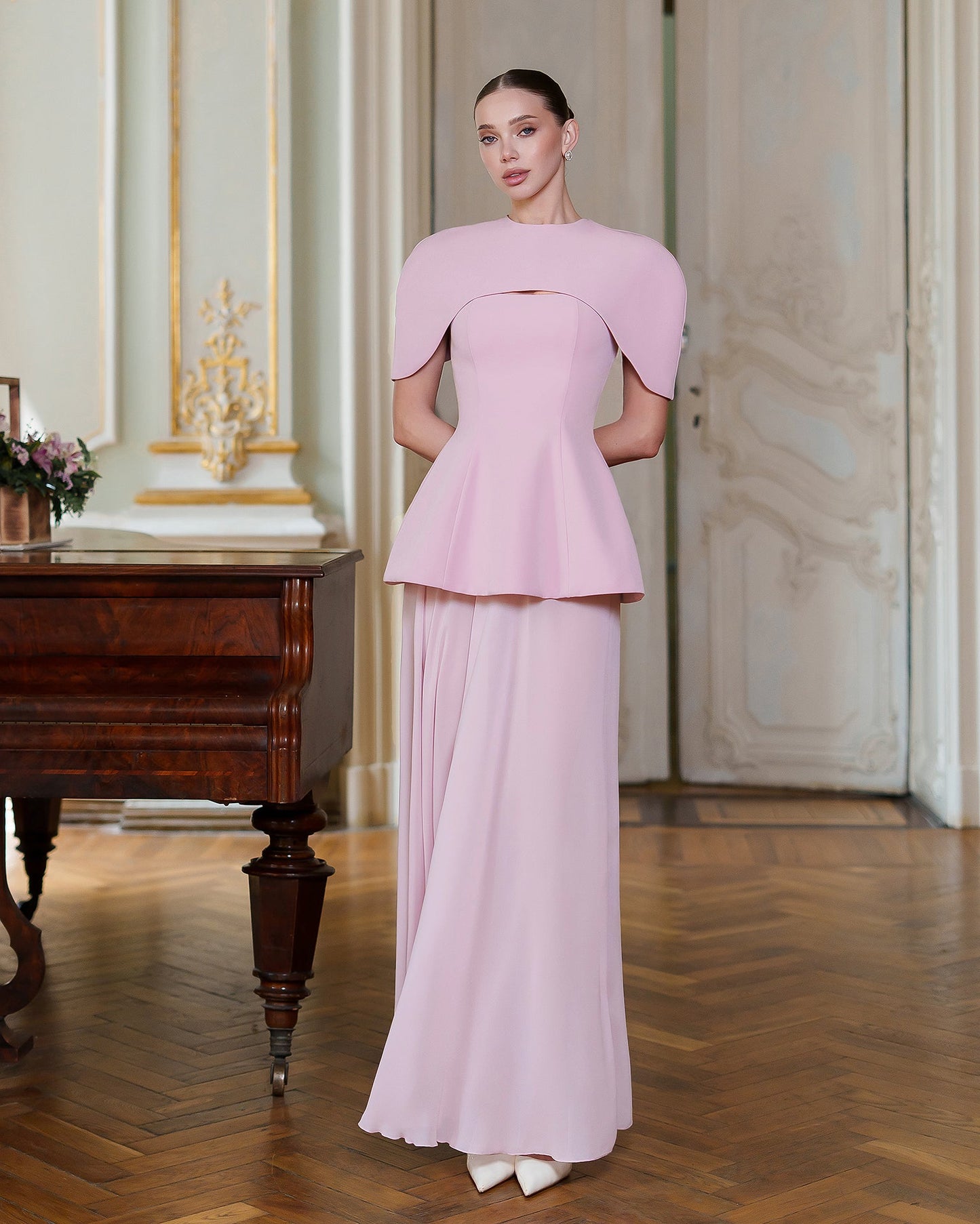 Pink Cape-Detail Peplum Chiffon Skirt Maxi Dress