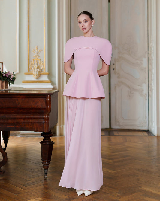 Pink Cape-Detail Peplum Chiffon Skirt Maxi Dress