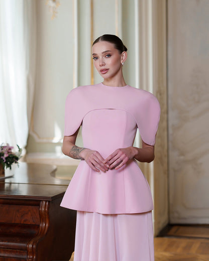 Pink Cape-Detail Peplum Chiffon Skirt Maxi Dress