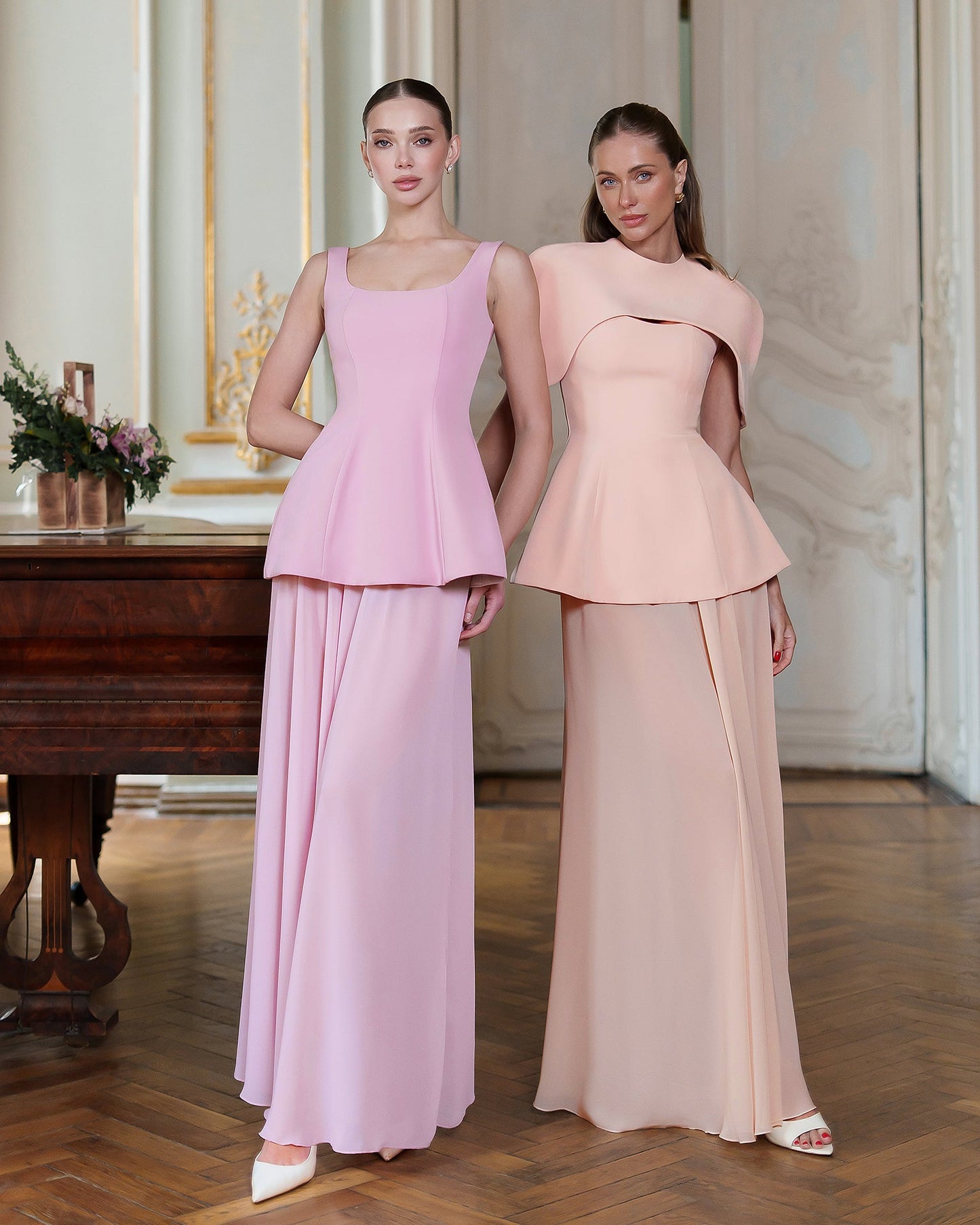 Pink Cape-Detail Peplum Chiffon Skirt Maxi Dress