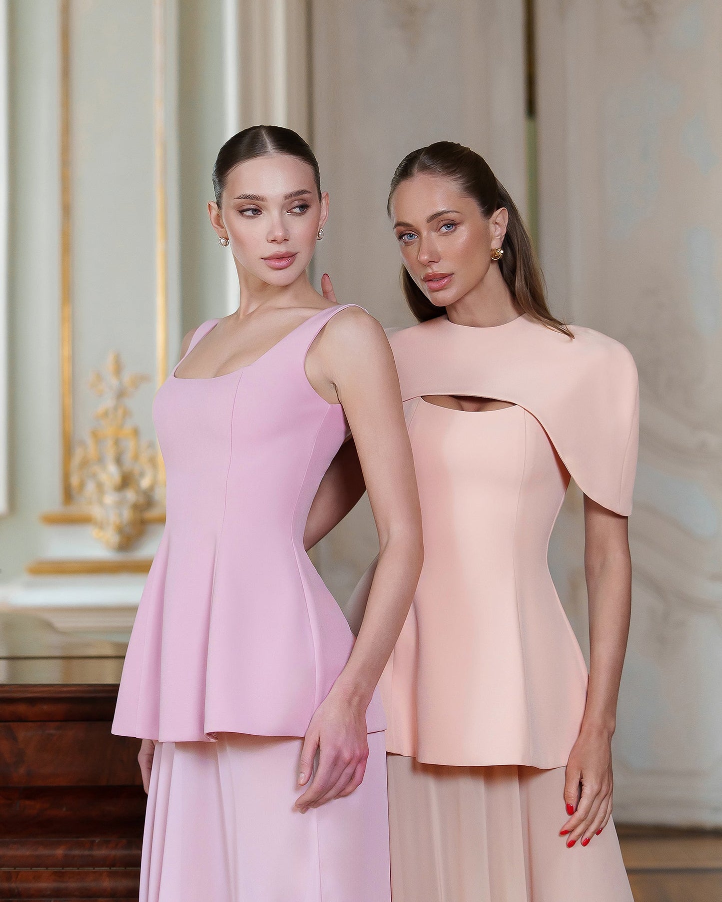 Pink Cape-Detail Peplum Chiffon Skirt Maxi Dress