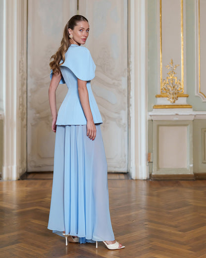 Sky-Blue Cape-Detail Peplum Chiffon Skirt Maxi Dress