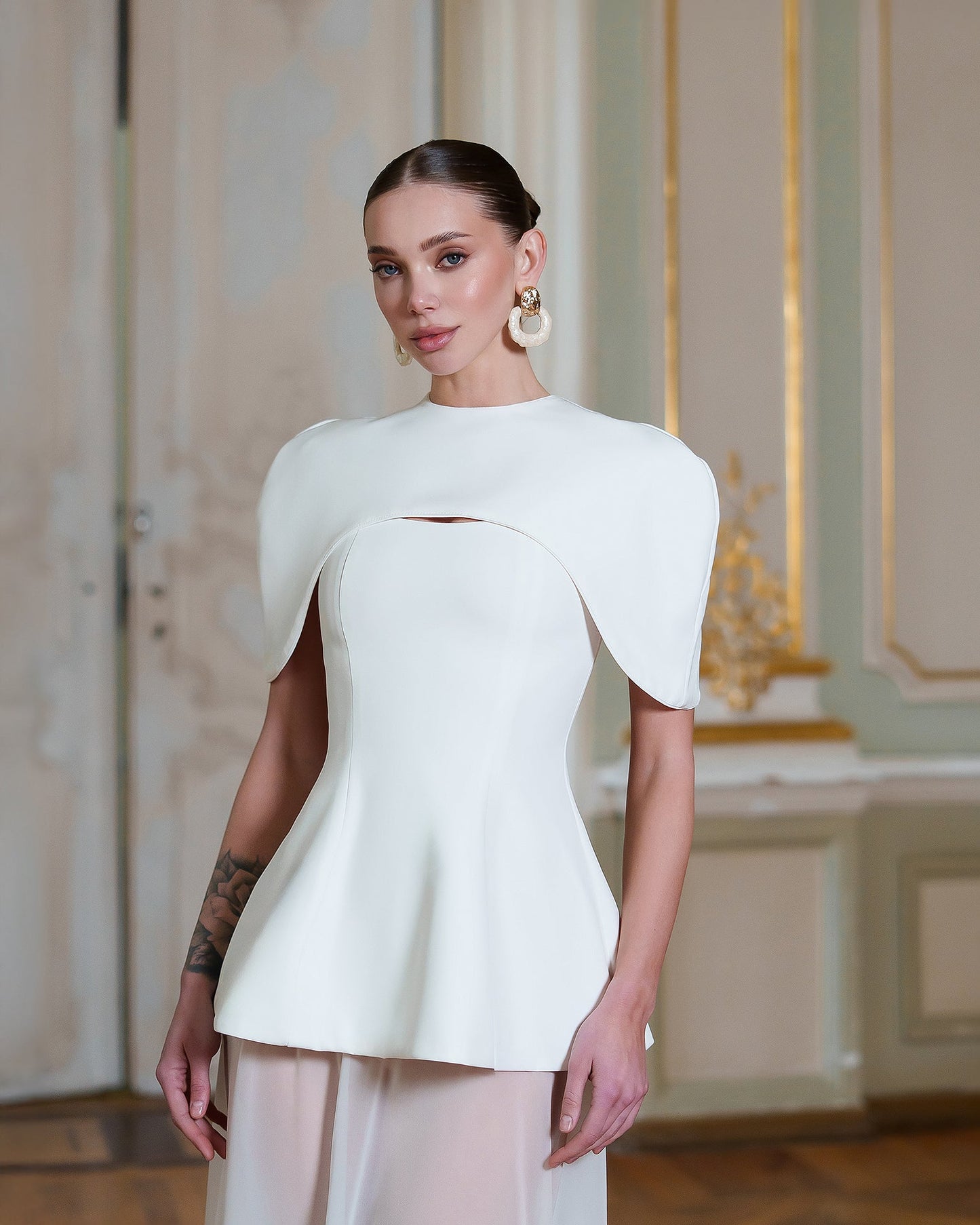 White Cape-Detail Peplum Chiffon Skirt Maxi Dress