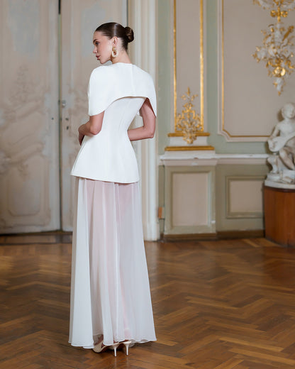 White Cape-Detail Peplum Chiffon Skirt Maxi Dress