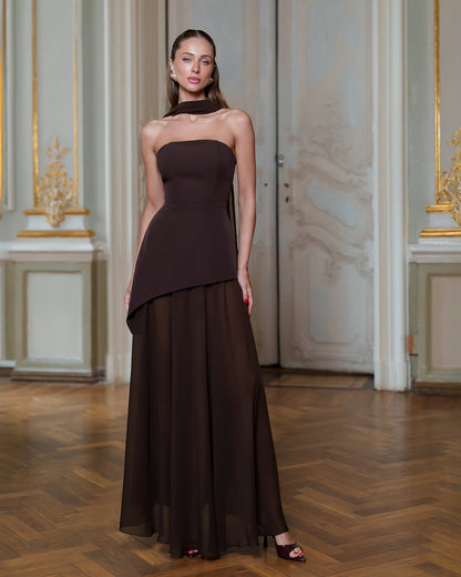 Brown Strapless Back Scarf Overskirt Maxi Dress