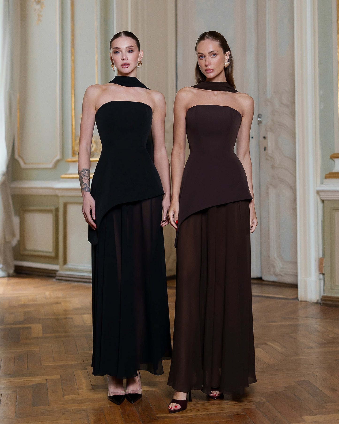 Brown Strapless Back Scarf Overskirt Maxi Dress