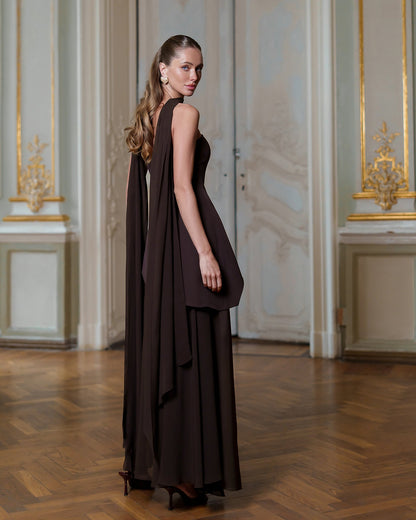 Brown Strapless Back Scarf Overskirt Maxi Dress